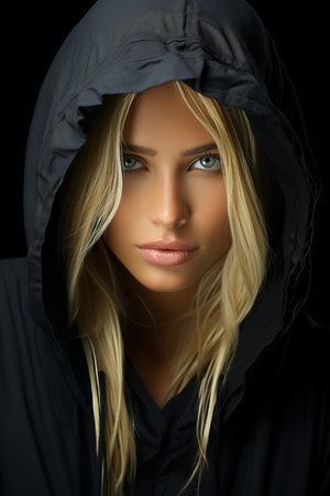 a beautiful blonde woman in a black hoodieの素材