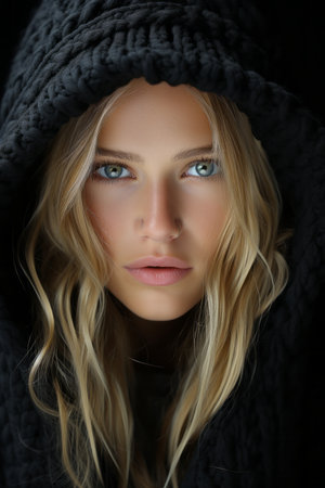 a beautiful blonde woman in a black hoodieの素材