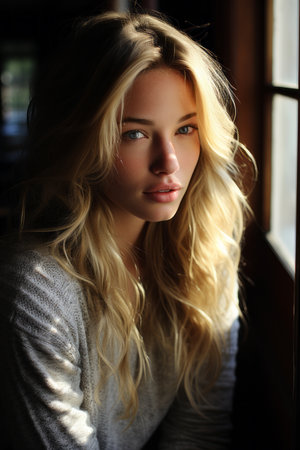 a beautiful blonde woman sitting by a windowの素材
