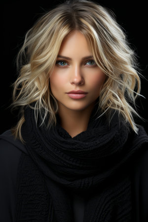 a beautiful blonde woman in a black sweater and scarfの素材