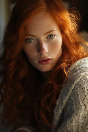 a beautiful red haired woman with blue eyesの素材