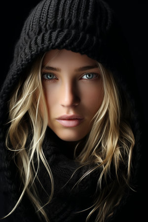a beautiful blonde woman in a black hoodieの素材