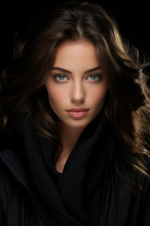 a beautiful woman with long brown hair and blue eyesの素材
