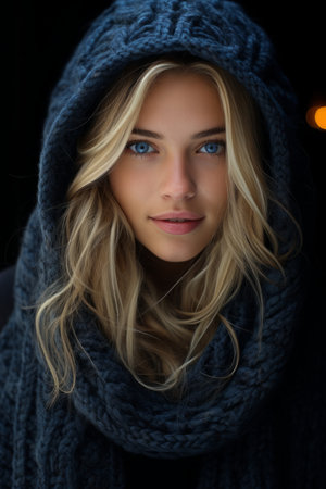 a beautiful blonde woman in a black sweater and scarfの素材
