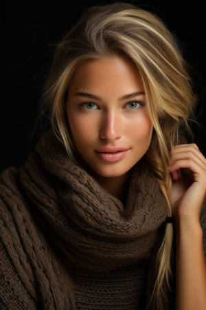a beautiful blonde woman in a sweater and scarfの素材