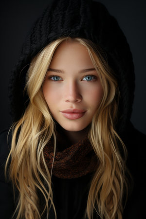 a beautiful blonde woman in a black hoodieの素材