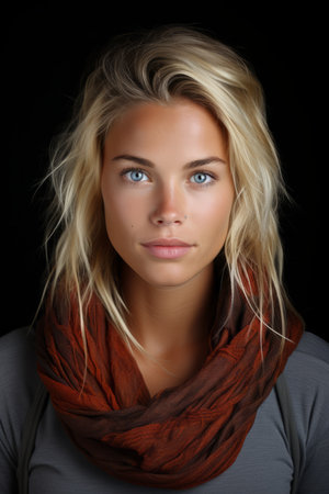a beautiful blonde woman with blue eyes wearing an orange scarfの素材