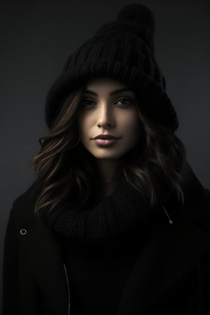 a beautiful woman in a black hat and scarfの素材