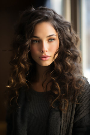 a beautiful woman with long curly hairの素材