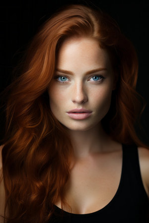 a beautiful redhead woman with long hair and blue eyesの素材