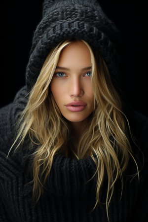 a beautiful blonde woman in a black sweater and beanieの素材