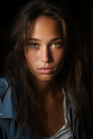 a beautiful young woman with brown hair and green eyesの素材