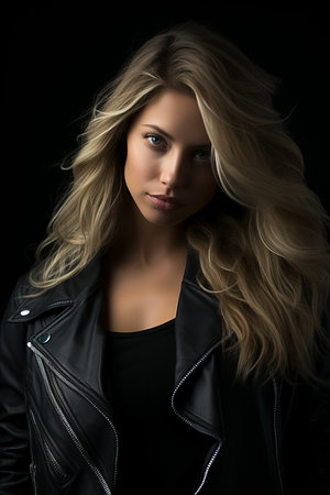a beautiful blonde woman in a leather jacketの素材