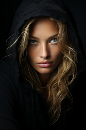 a beautiful blonde woman in a black hoodieの素材