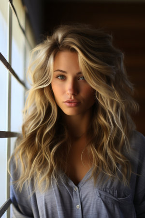 a beautiful blonde woman with long wavy hair standing in front of a windowの素材