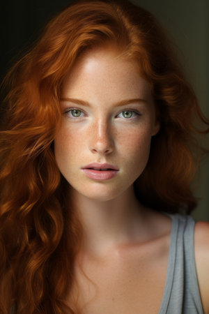 a beautiful red haired woman with freckles on her faceの素材