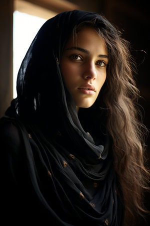 a beautiful woman in a black shawlの素材
