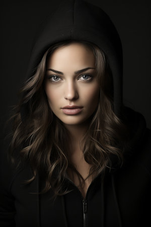 a beautiful woman in a black hoodieの素材