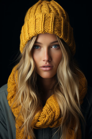 a beautiful blonde woman wearing a yellow knitted hat and scarfの素材