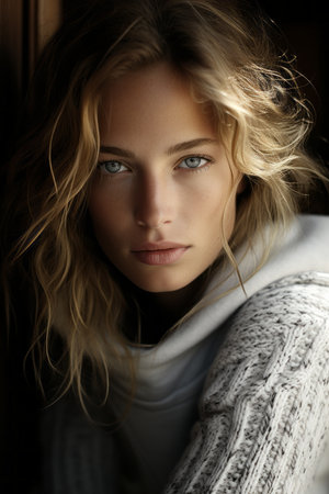a beautiful blonde woman with blue eyes and a white sweaterの素材