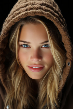 a beautiful blonde woman wearing a brown hoodieの素材