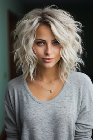 a beautiful blonde woman with a short wavy hairの素材