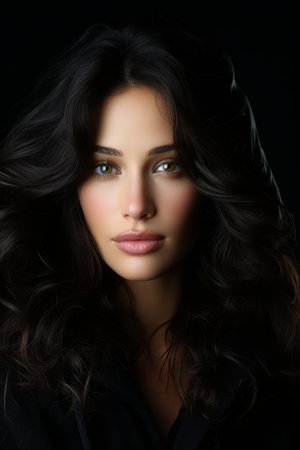 a beautiful woman with long dark hair in a black hoodieの素材