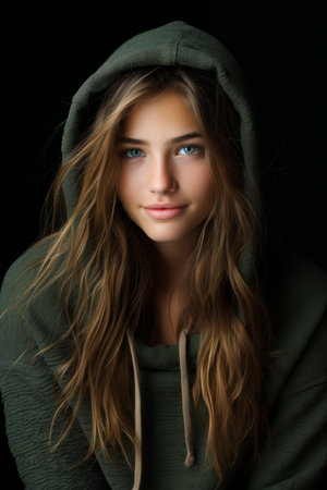 a beautiful young woman in a green hoodieの素材