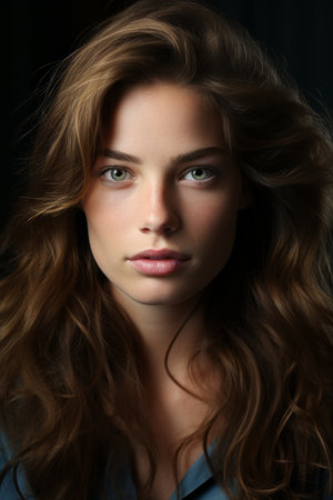 a beautiful woman with long hair and green eyesの素材