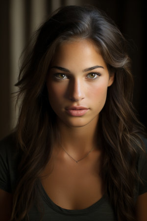 a beautiful young woman with brown hair and green eyesの素材
