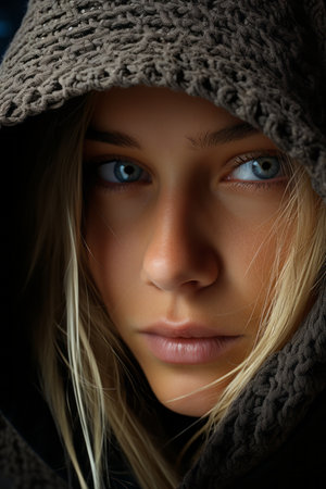 a close up of a woman in a hoodieの素材