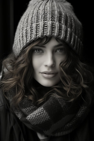 a black and white photo of a woman wearing a hat and scarfの素材