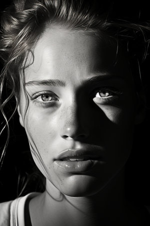 a black and white photo of a woman with her eyes closedの素材