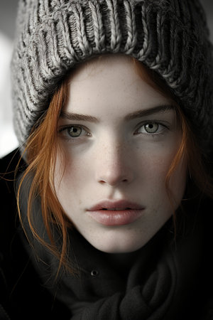 a close up of a woman with red hair and a beanieの素材