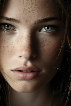 a close up of a woman with freckles on her faceの素材