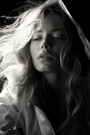 a black and white photo of a woman with her eyes closedの素材