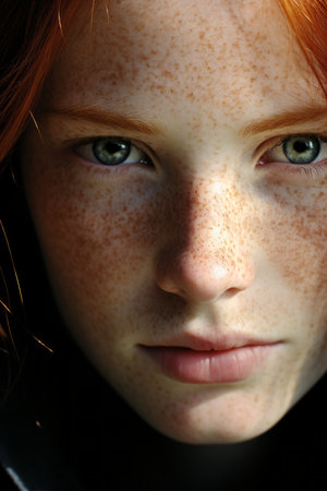 a close up of a woman with freckles on her faceの素材