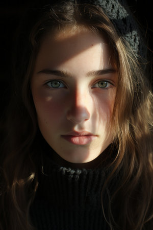 a close up of a young woman with green eyesの素材