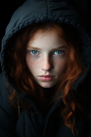 a girl with freckles in a hooded jacketの素材