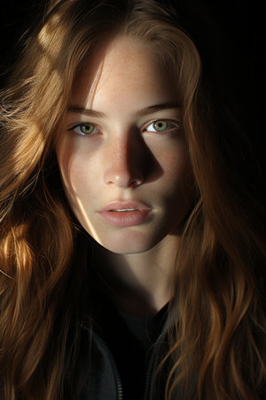 a close up of a woman with long hair and green eyesの素材