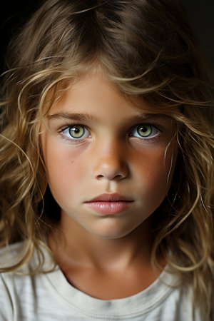a close up of a young girl with green eyesの素材