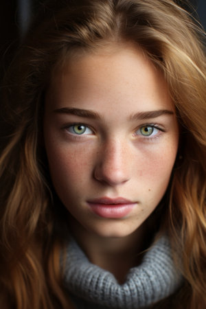 a close up of a young woman with green eyesの素材
