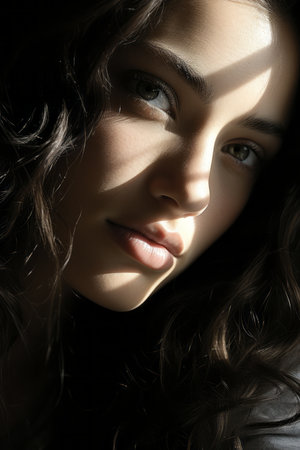 a close up of a woman with long curly hairの素材