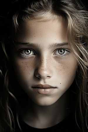a close up of a young girl with freckles on her faceの素材