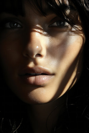 a close up of a womans face with dark hairの素材