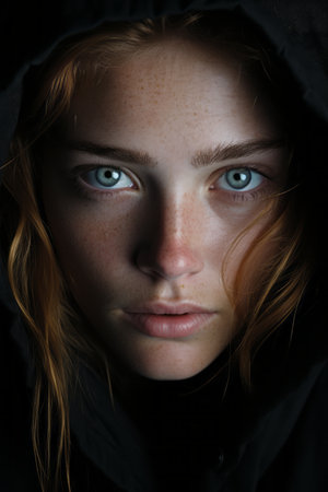 a close up of a woman with red hair and blue eyesの素材