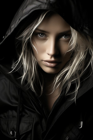 a woman in a black hoodie with long blonde hairの素材