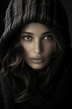 a woman in a black hoodie and scarfの素材