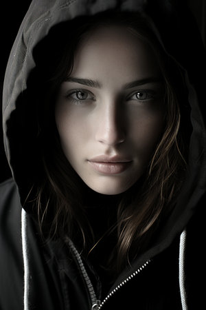 a woman in a black hoodieの素材