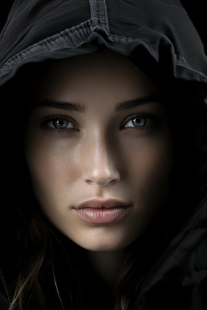 a woman in a black hoodie with blue eyesの素材